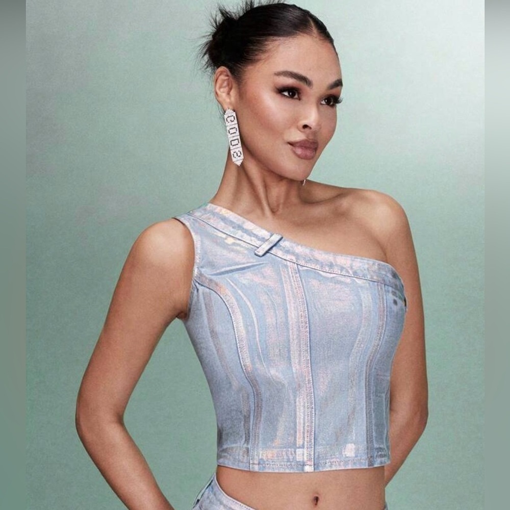 T54- Metallic Elastic Sexy One Shoulder Denim Top Size (8/10)L